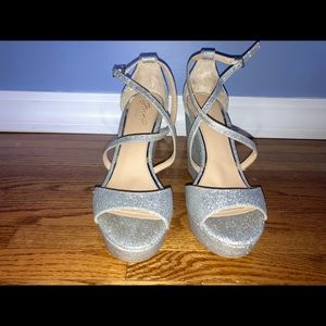Badgley Mischka Jeweled Averie Silver Glitter Wedge Platform